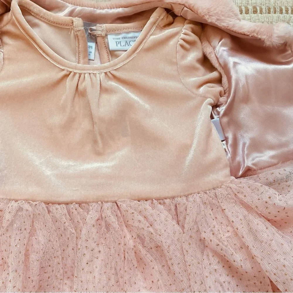 The Children’s Place | Tutu Velvet Dress with Faux Fur Vest, Size 0-3M